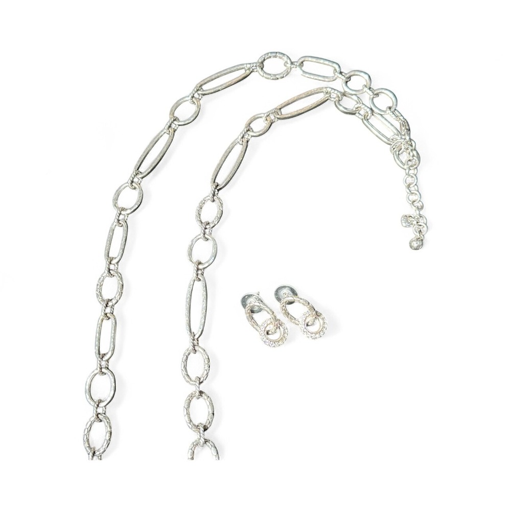 Brighton Silver Long Link Necklace Drop Earrings Set Textured Oval Links Retired - Picture 2 of 14
